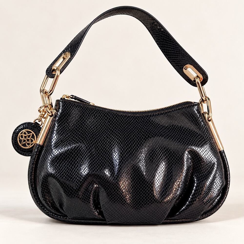 Antonio Melani Black Snakeskin Embossed Shoulder Bag Gold Hardware Y2K